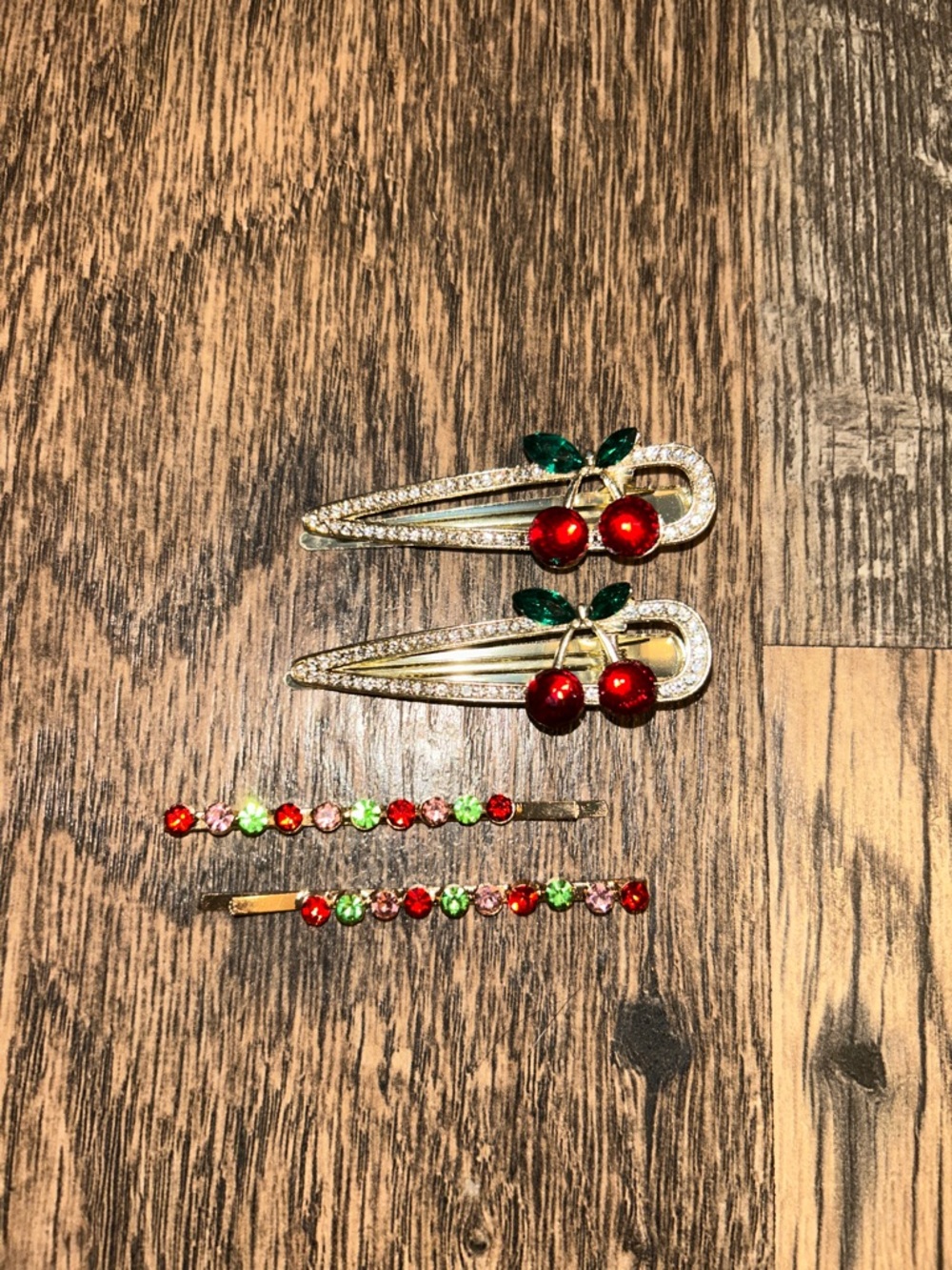 Cherry Crystal Hair Clips Set - Red & Green Rhinestone Barrettes